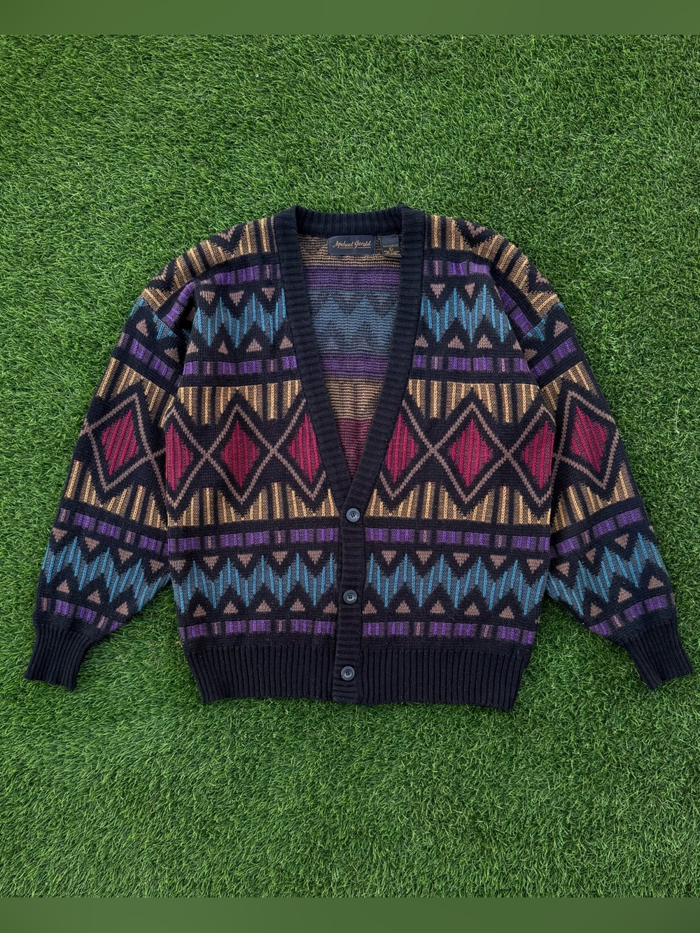 Vintage 90s Michael Gerald Cardigan Sweater Grandpa Geometric Colorful Sz Large